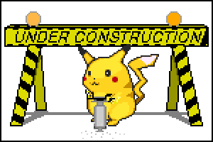 Pikachu using a electrical excavator. A sign reading "under construction" is behind Pikachu